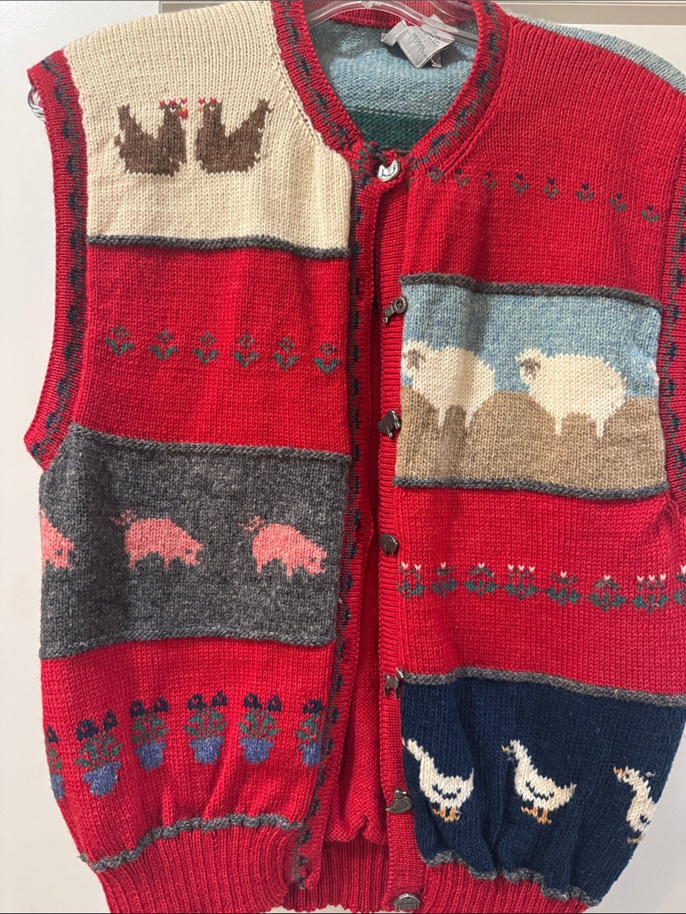 Red Patchwork Animal Knit Cardigan Vest